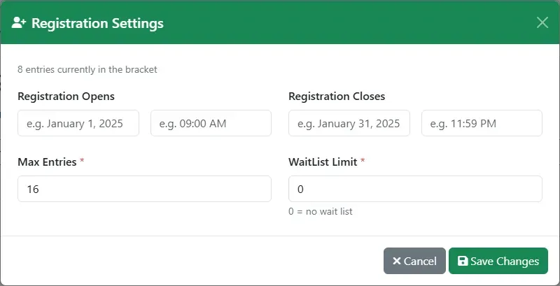 The Registration Settings dialog: opens and closes, max entries and wait list