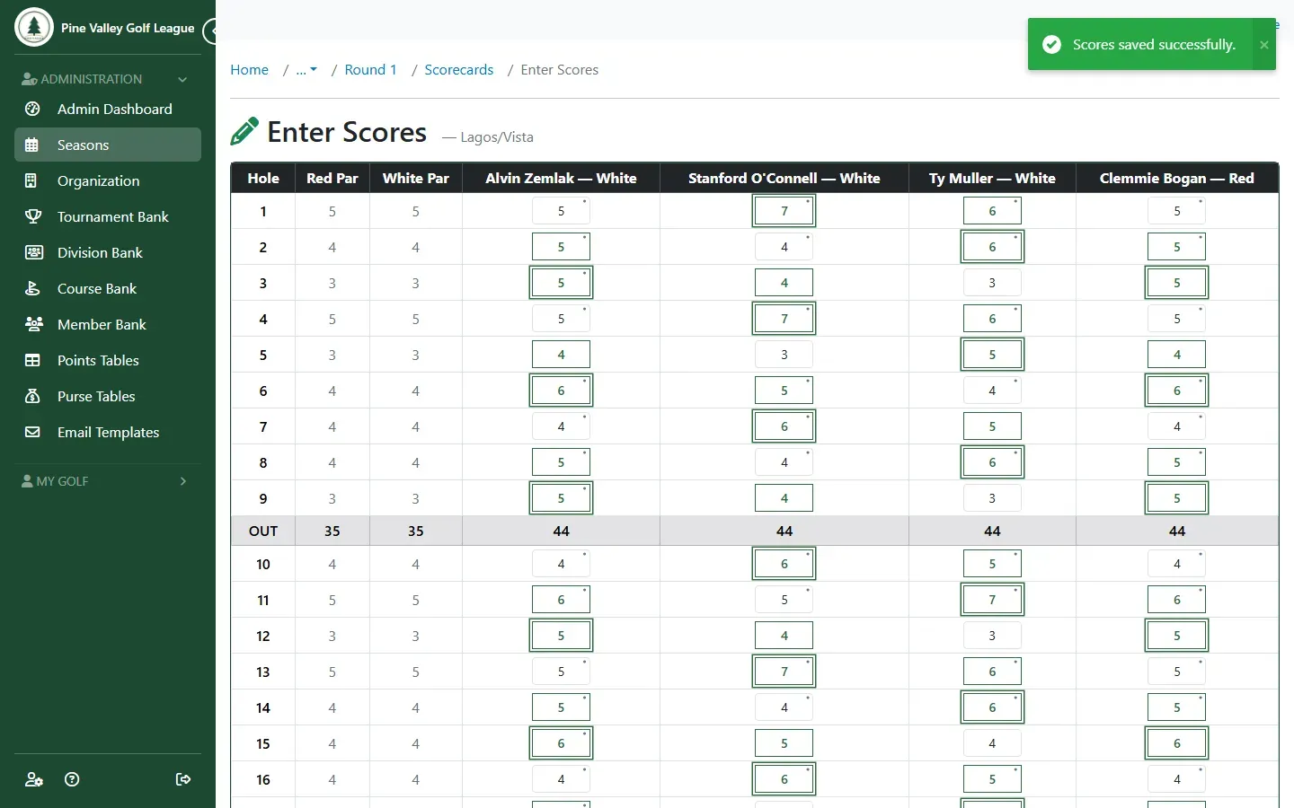 The scorecard after saving, with a Scores saved successfully message