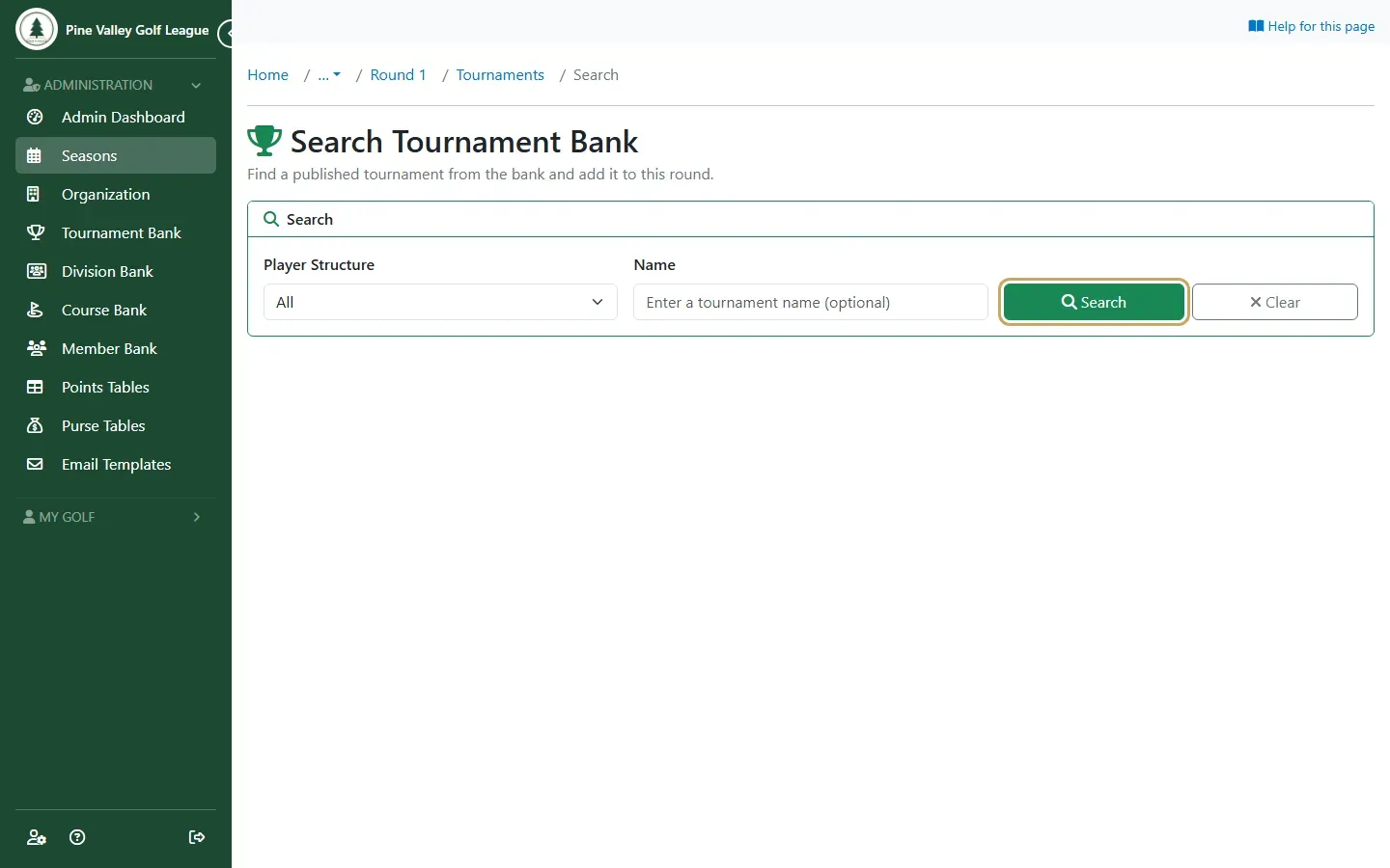 The Search Tournament Bank page with the Search button highlighted