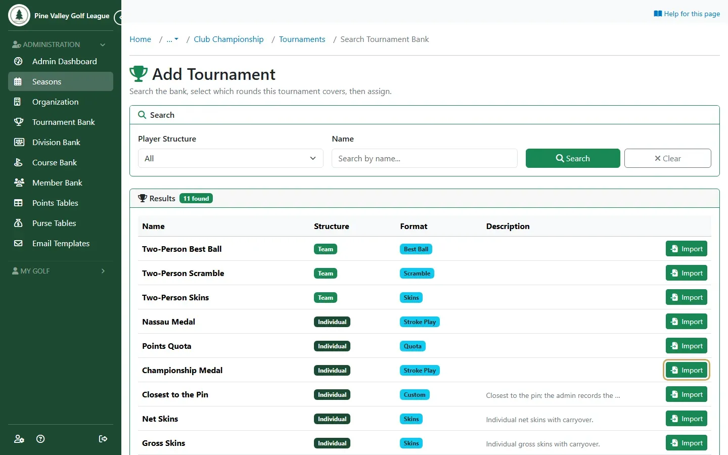 The Add Tournament page listing the bank with Import highlighted on Championship Medal