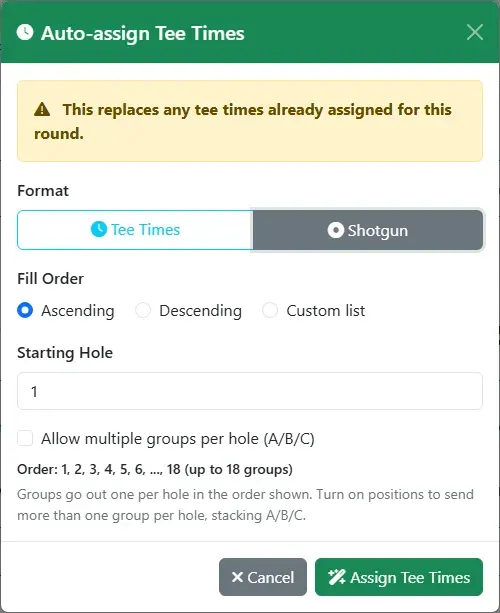 The Auto-assign Tee Times dialog set to Shotgun, with the fill order, starting hole and multiple-groups option