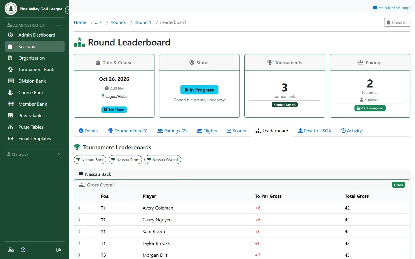 The round leaderboard with buttons for Nassau Back, Nassau Front and Nassau Overall