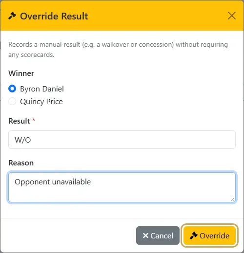 The Override Result dialog: the winner chosen, W/O and the reason
