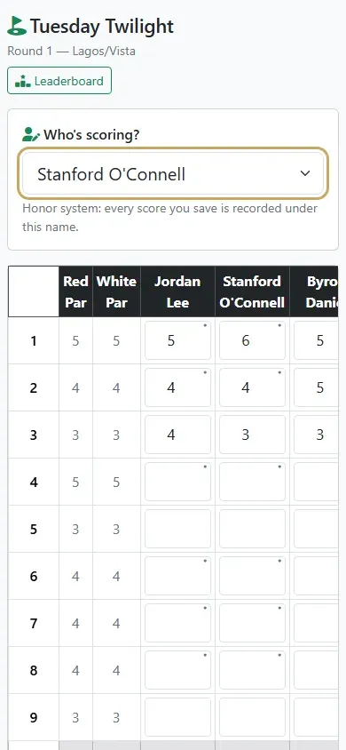 The group-code scorecard with Who’s scoring? set to a player’s name