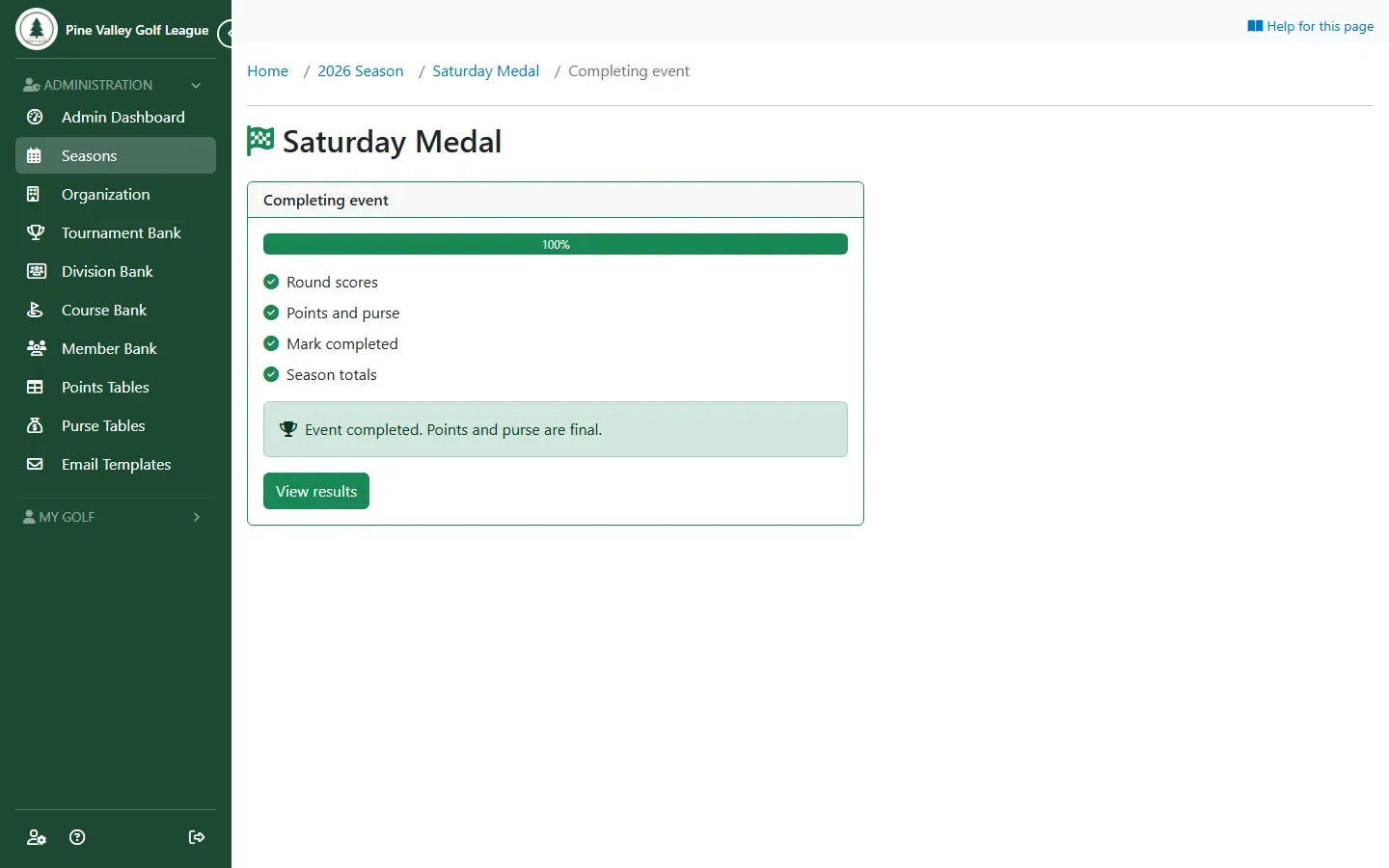 The Completing event page with all four steps done: Event completed. Points and purse are final.
