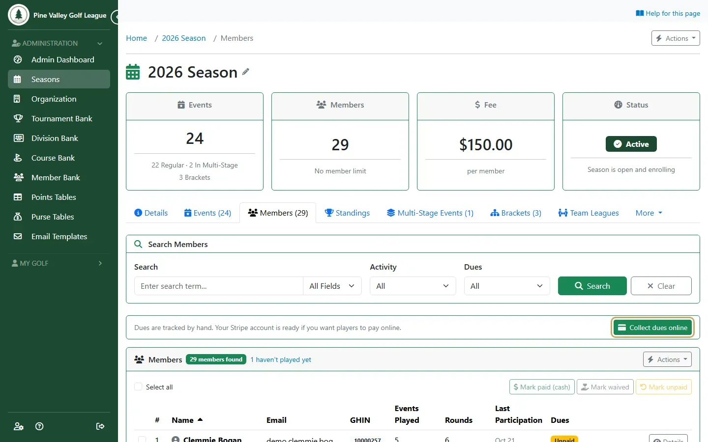 The season’s Members tab with Collect dues online highlighted