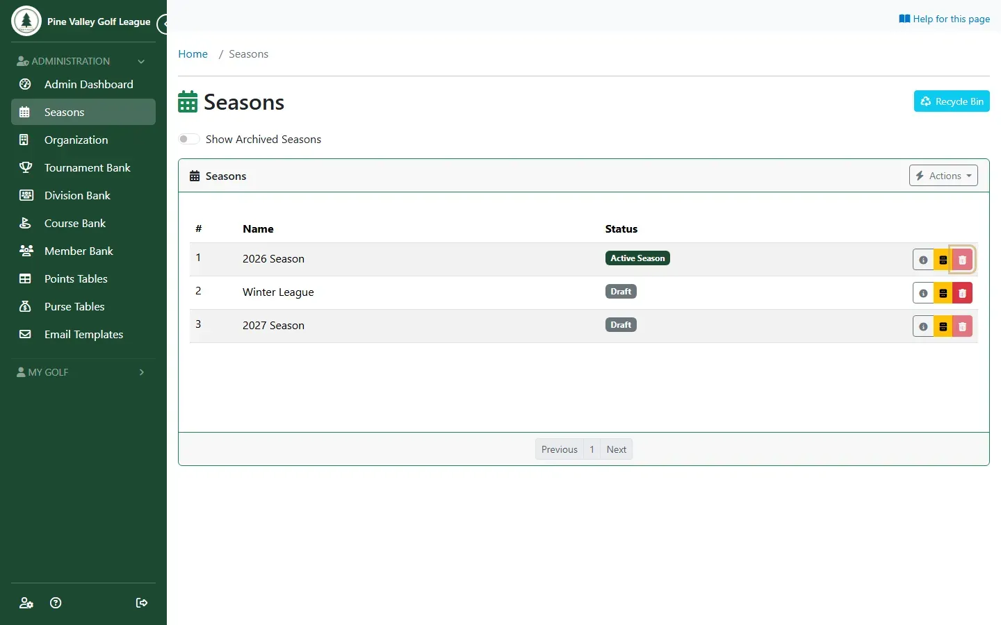 The Seasons list with the current season’s greyed-out trash button highlighted