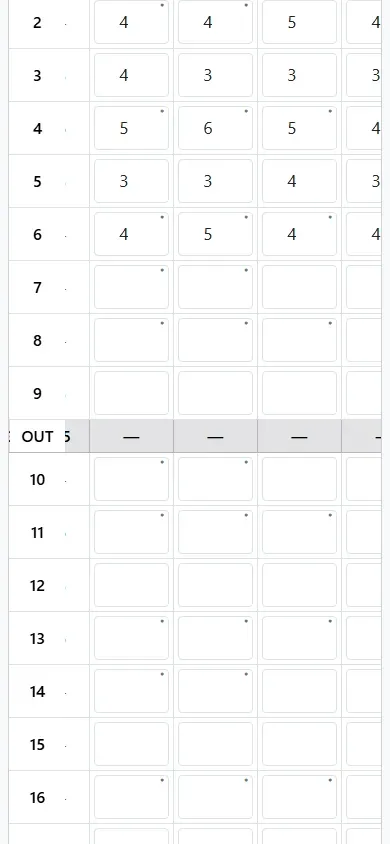 Scores entered for holes 4 to 6 on the group-code scorecard