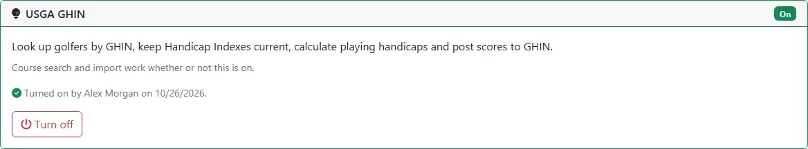 The Integrations tab with the USGA GHIN card showing On