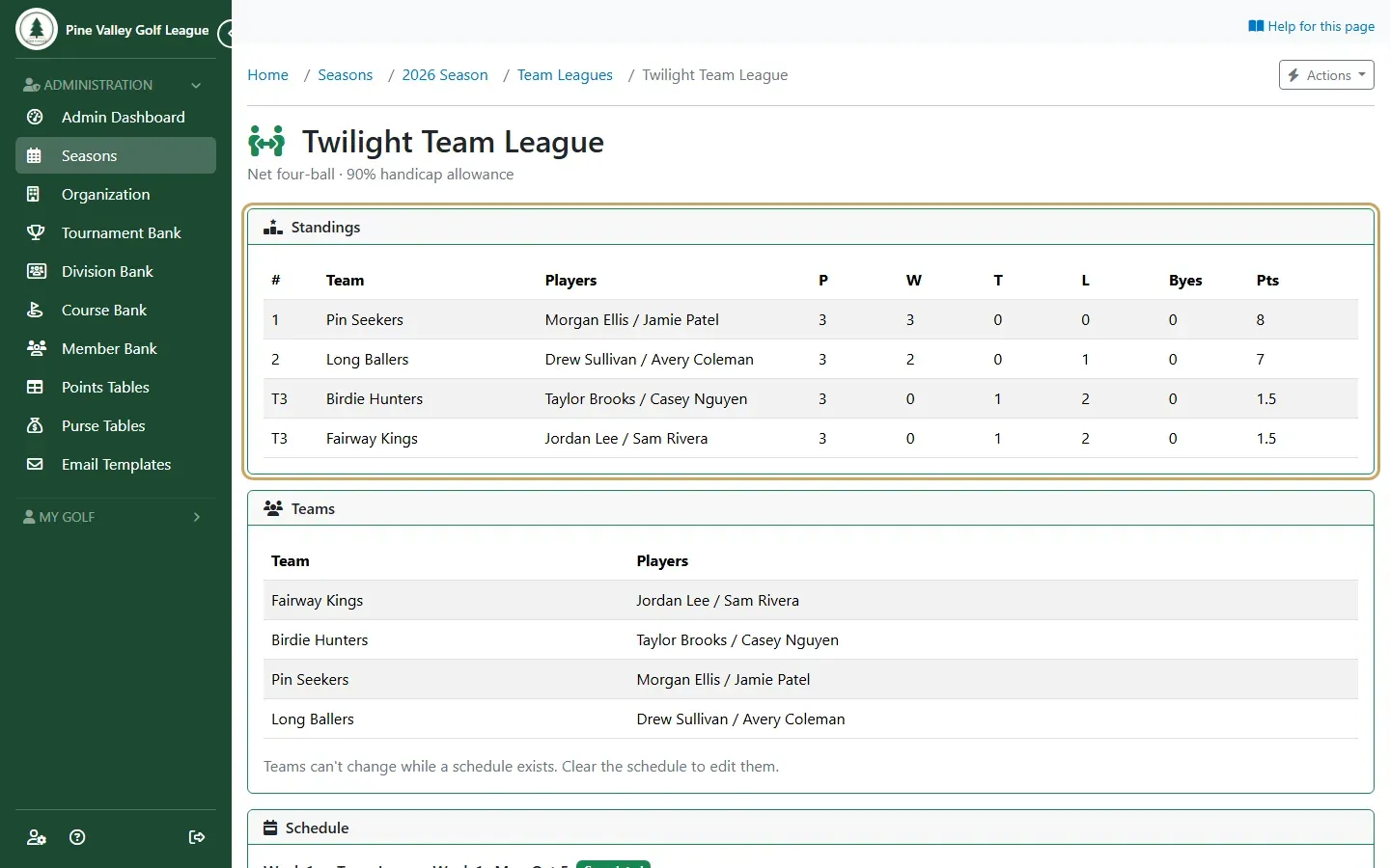 A team league with its standings