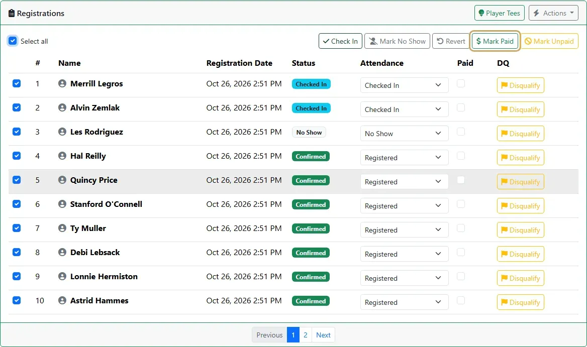 The registrations list with everyone ticked and Mark Paid highlighted