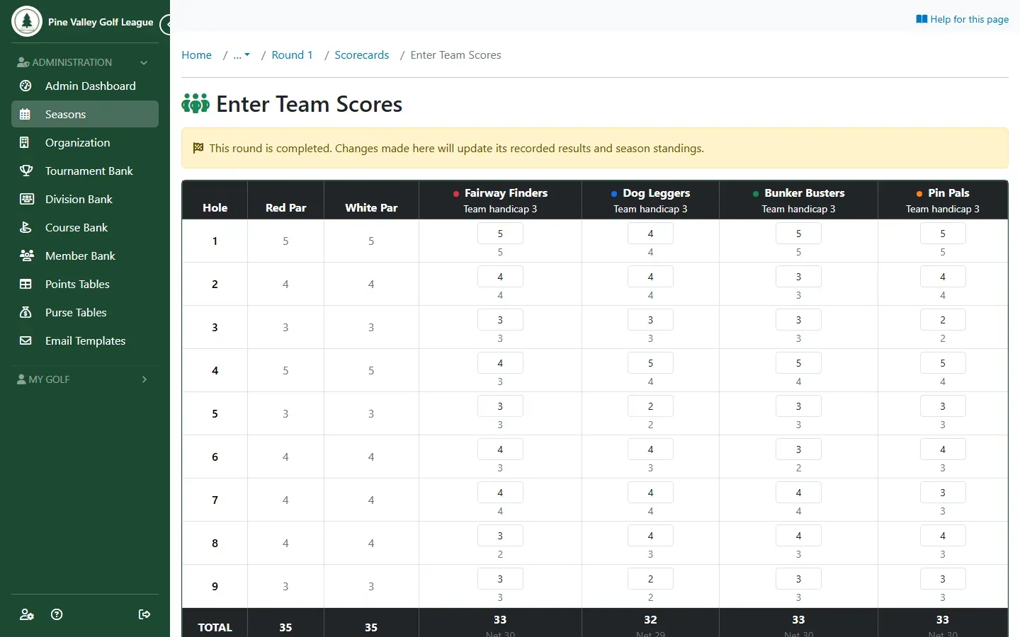 Enter Team Scores showing holes 1 to 9 only