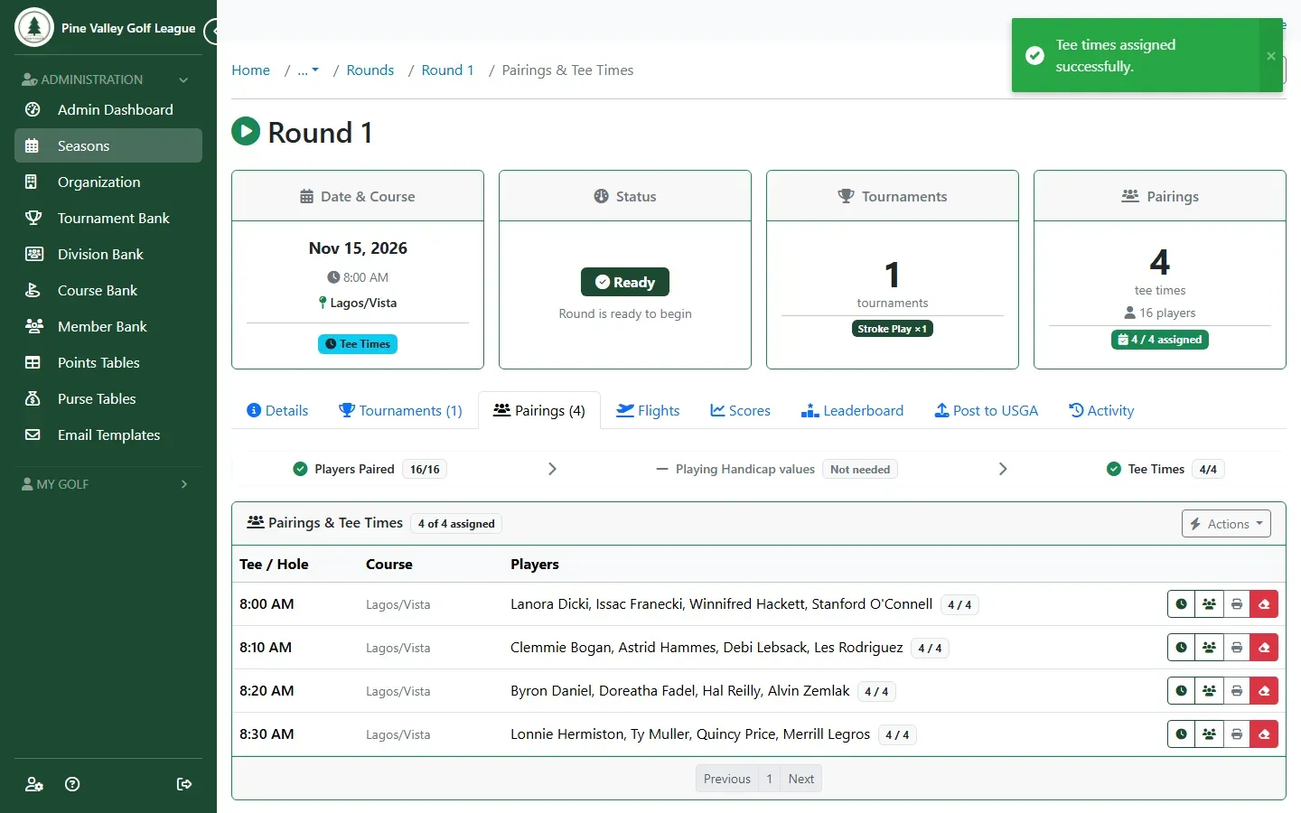 The tee sheet with each group’s tee time, ten minutes apart