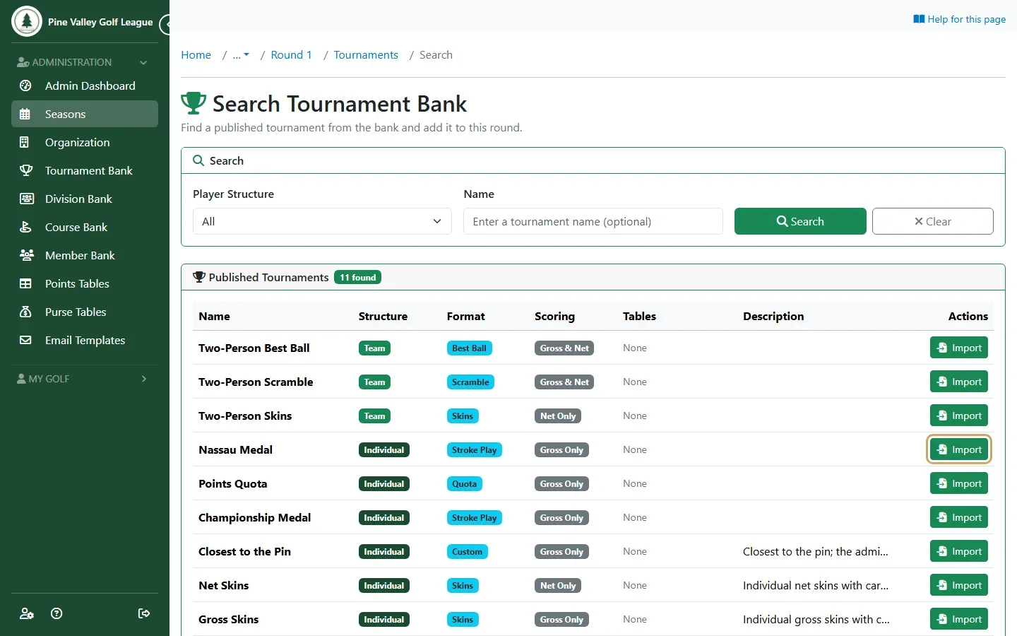 The search results listing Individual Stroke Play with its Import button highlighted