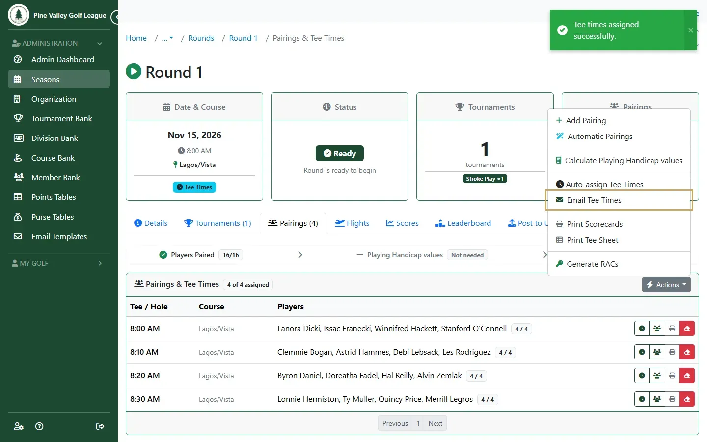The Actions menu with Email Tee Times highlighted
