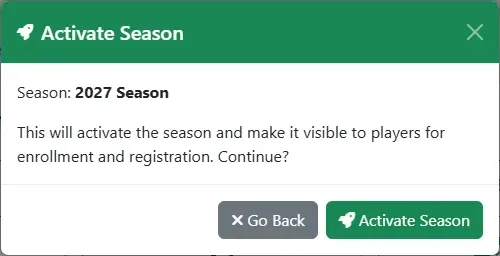 The Activate Season dialog asking to confirm, with Go Back and Activate Season