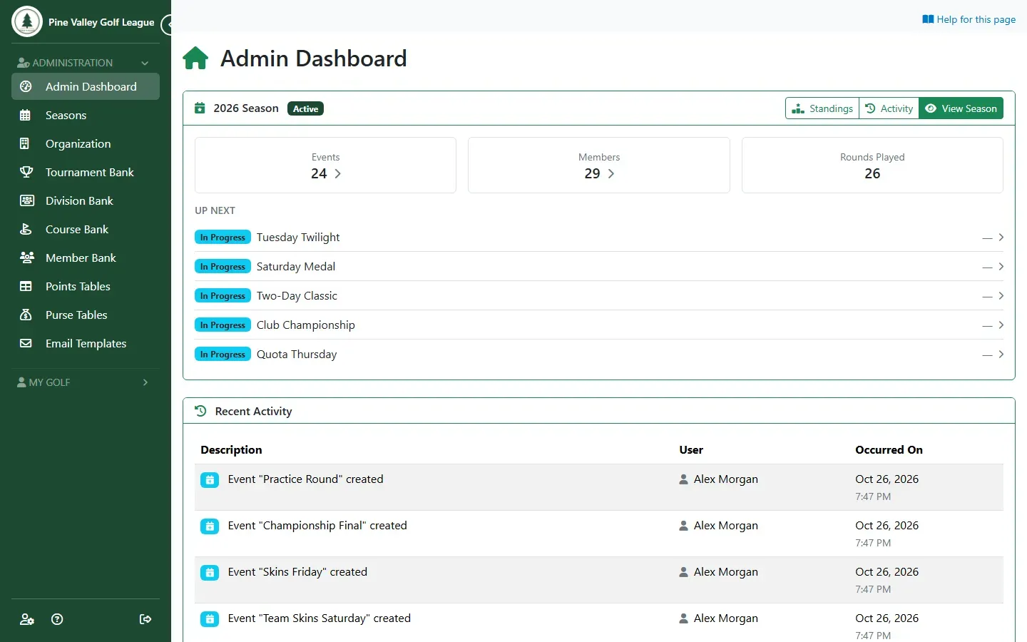 The admin dashboard with the active season, the Up Next events and Recent Activity