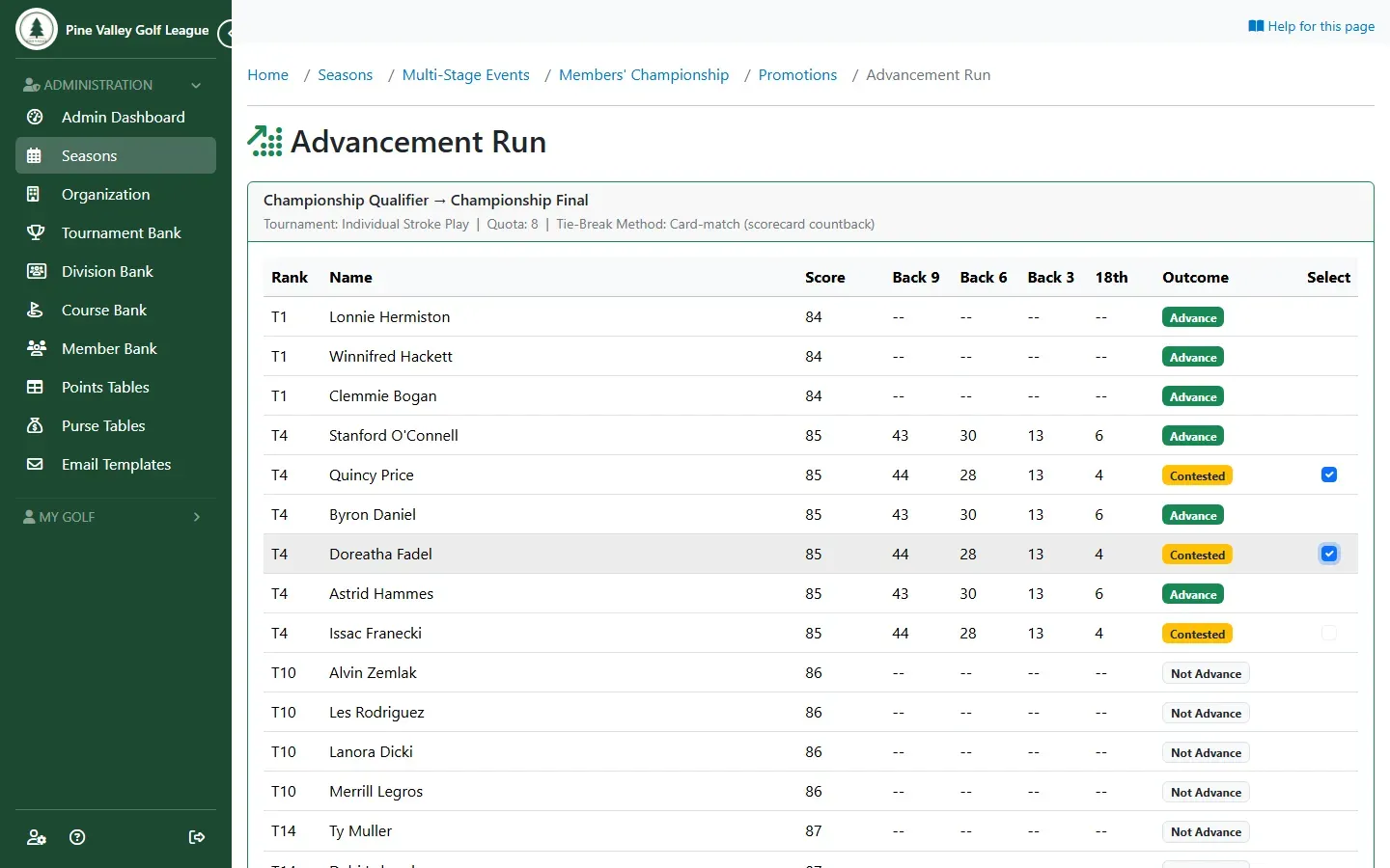 The advancement run with Confirm Advancement