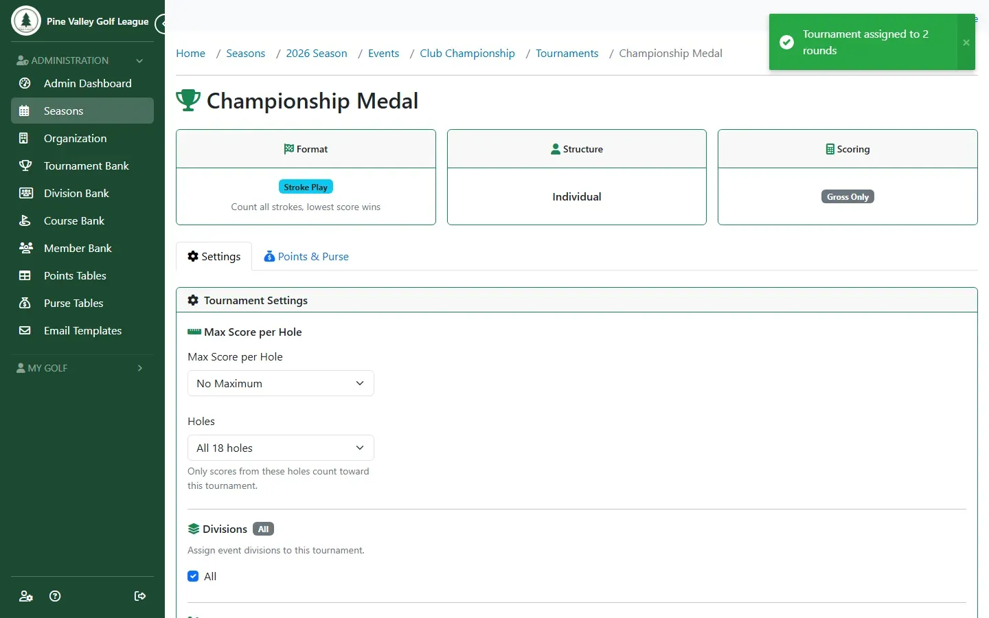 The multi-round tournament’s settings page: Stroke Play, Individual, Gross Only