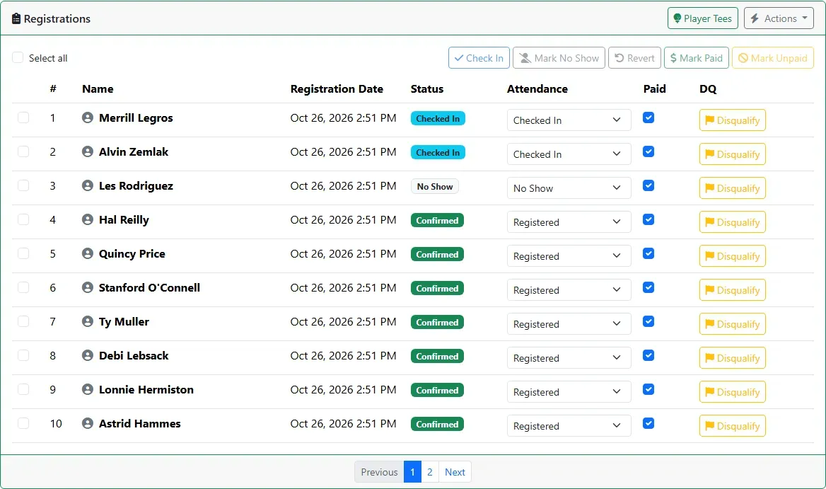 The registrations list showing Checked In and No Show players, and a tick under Paid for everyone