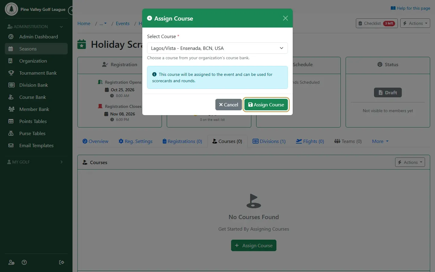 The Assign Course dialog with a course selected