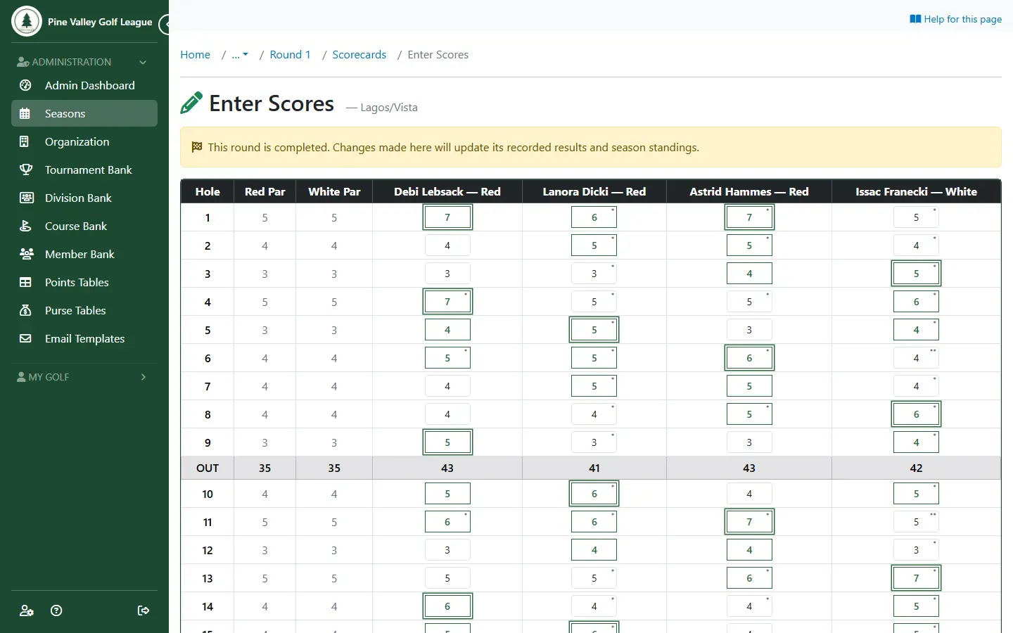 A completed round’s scorecard with the notice that changes will update its recorded results and season standings
