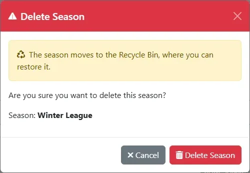 The Delete Season dialog for Winter League