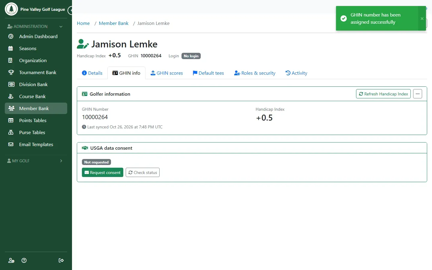 The member’s GHIN info tab showing the GHIN number and Handicap Index