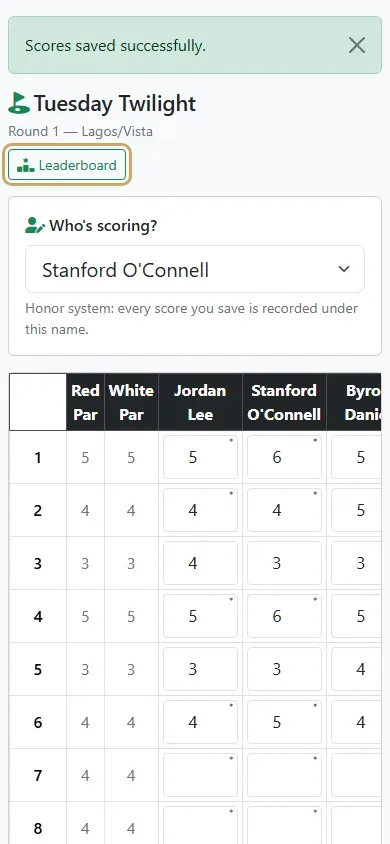 The saved scorecard with the Leaderboard button highlighted