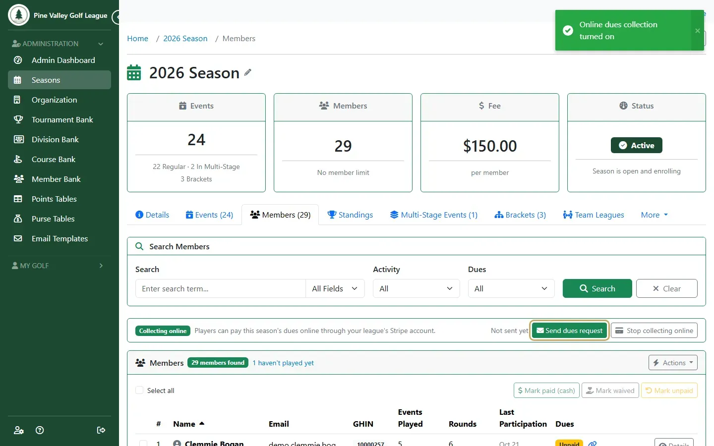 The Members tab showing Collecting online, with Send dues request highlighted
