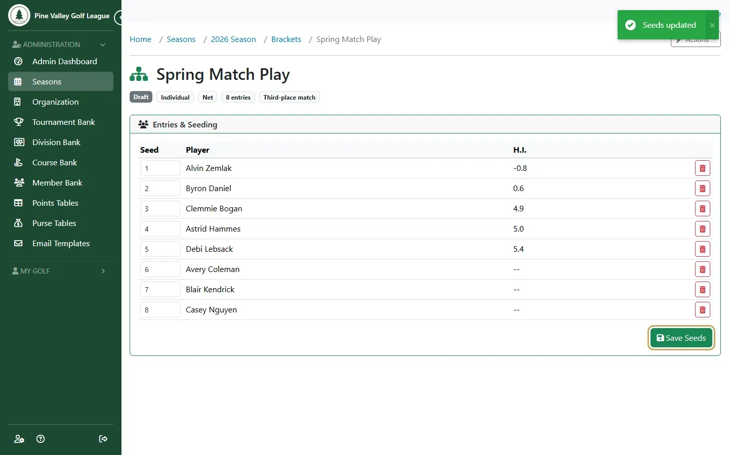 The Entries & Seeding table with Save Seeds highlighted