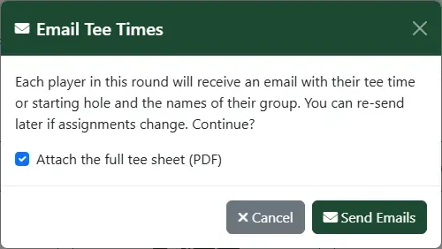 The Email Tee Times dialog with Attach the full tee sheet (PDF) ticked and Send Emails