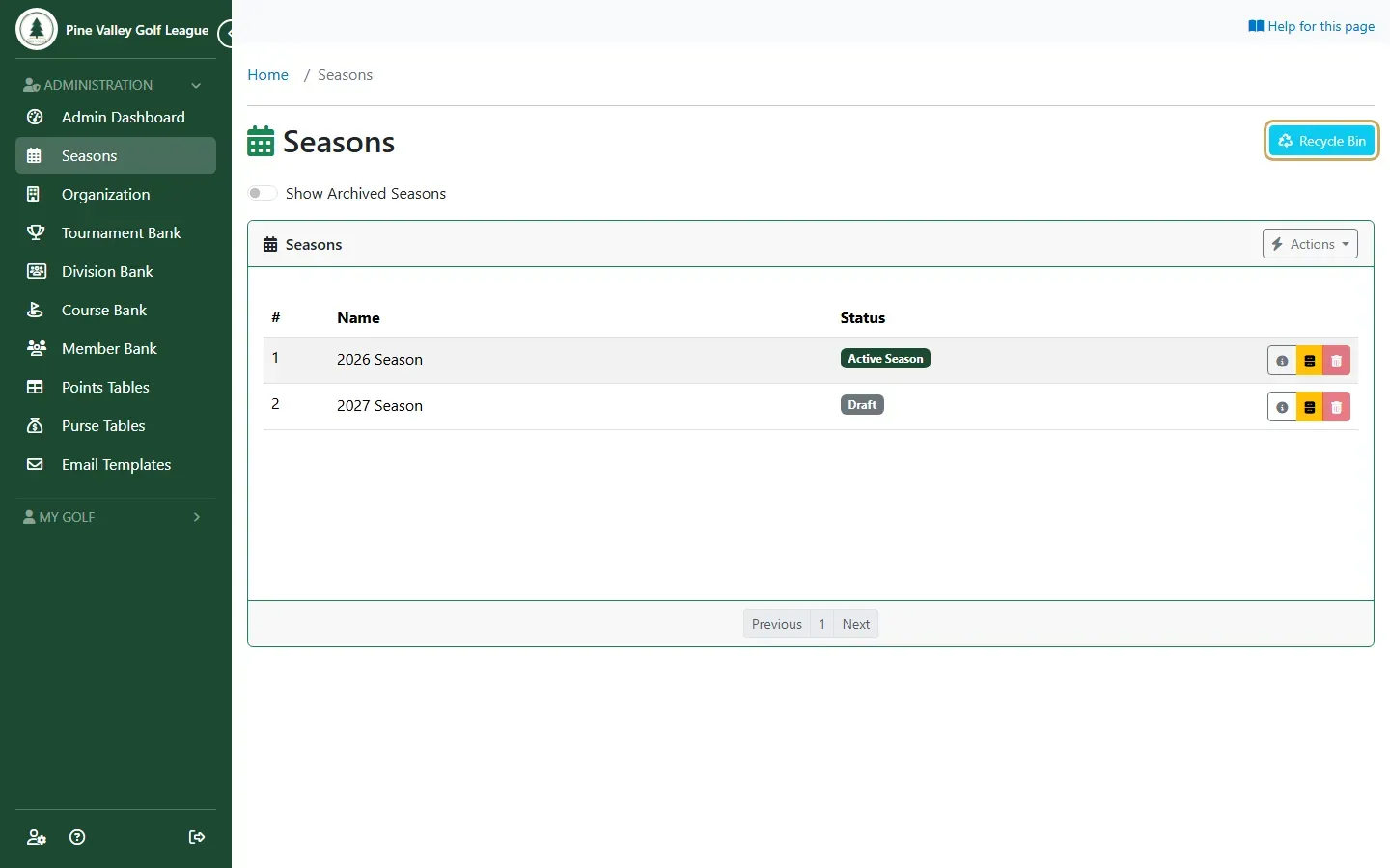 The Seasons page with the Recycle Bin button highlighted
