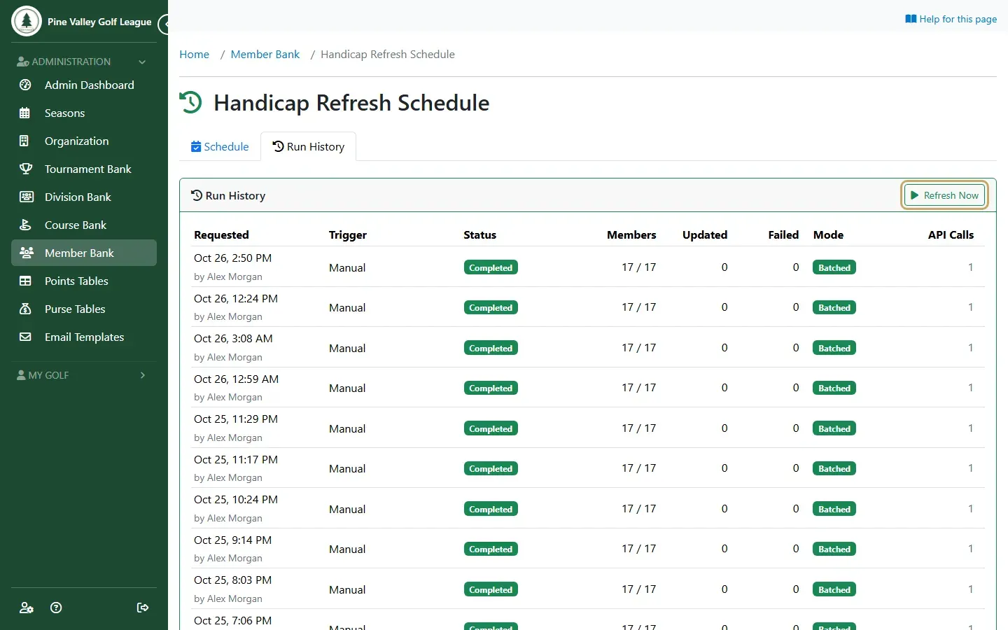 The Handicap Refresh Schedule’s Run History tab with Refresh Now highlighted and a completed run