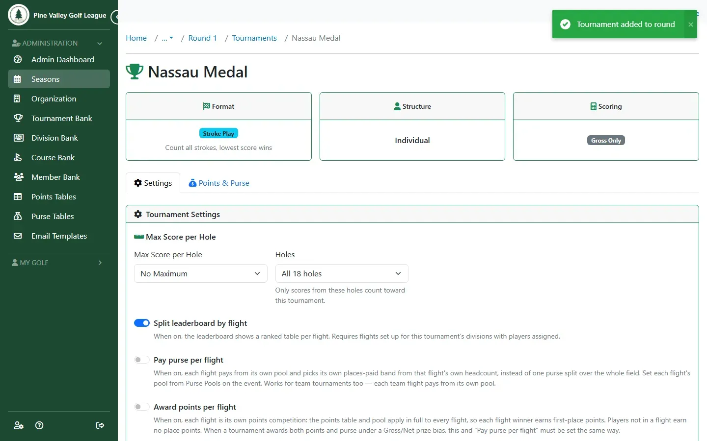 The imported tournament’s settings page showing Stroke Play, Individual, Gross and Net