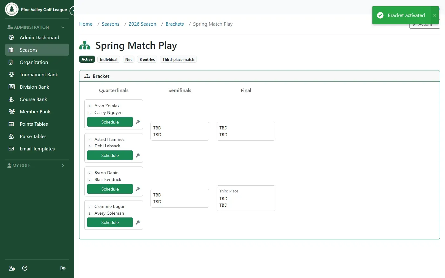 The drawn bracket: quarterfinals, semifinals, the final and the third-place match