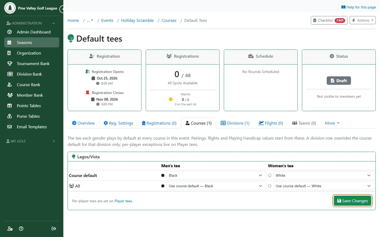 The Default tees page with a men’s and women’s tee chosen for the course