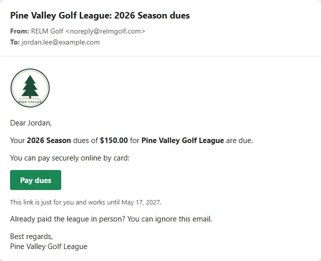 The dues request email with the league logo, the amount due and a Pay dues button