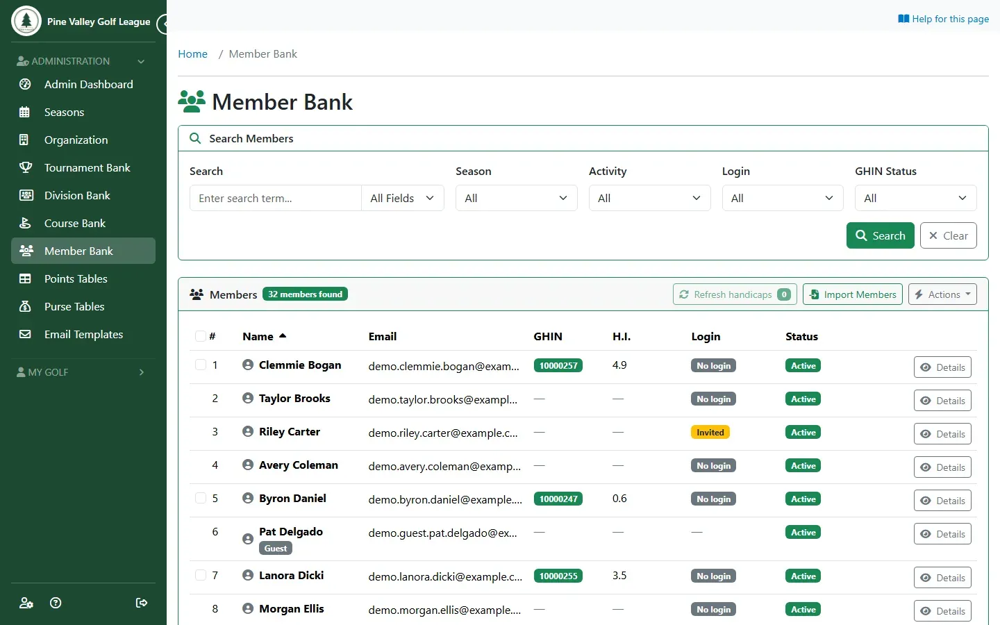 The Member Bank with Handicap Indexes in the H.I. column for members with a GHIN number