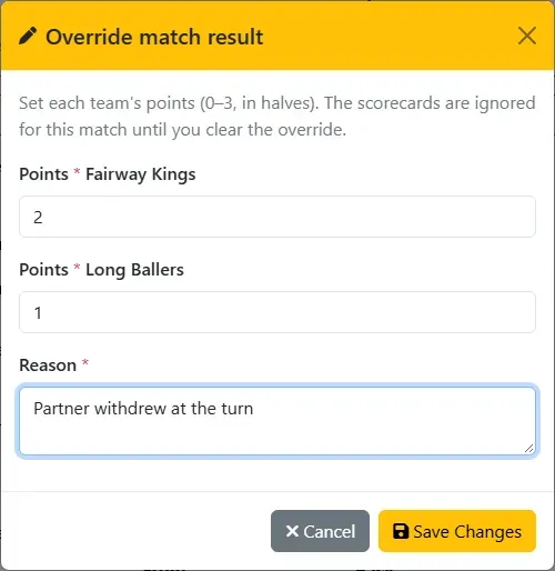 The Override match result dialog