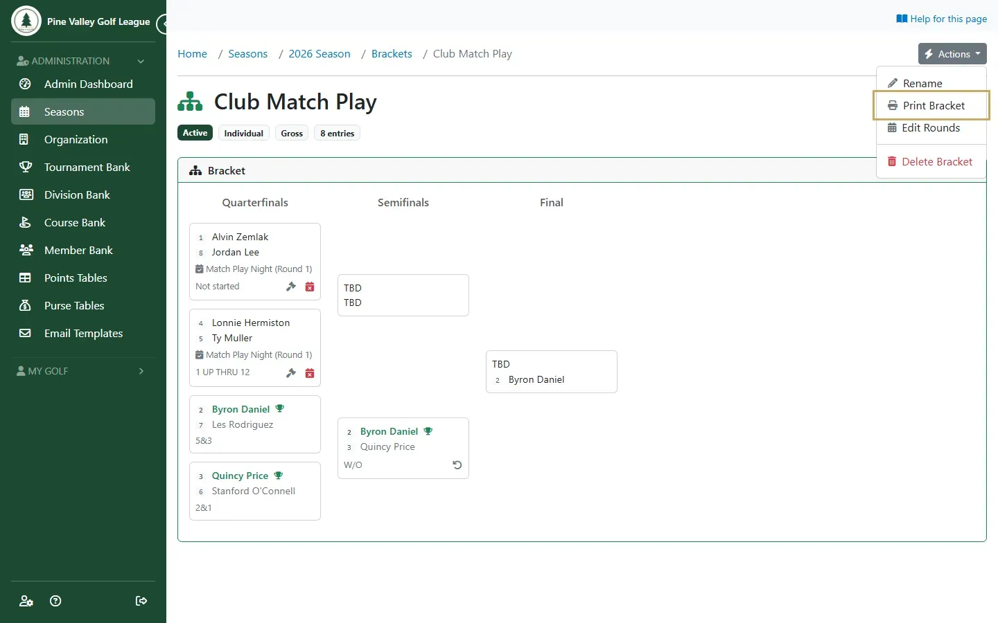 The Actions menu with Print Bracket highlighted
