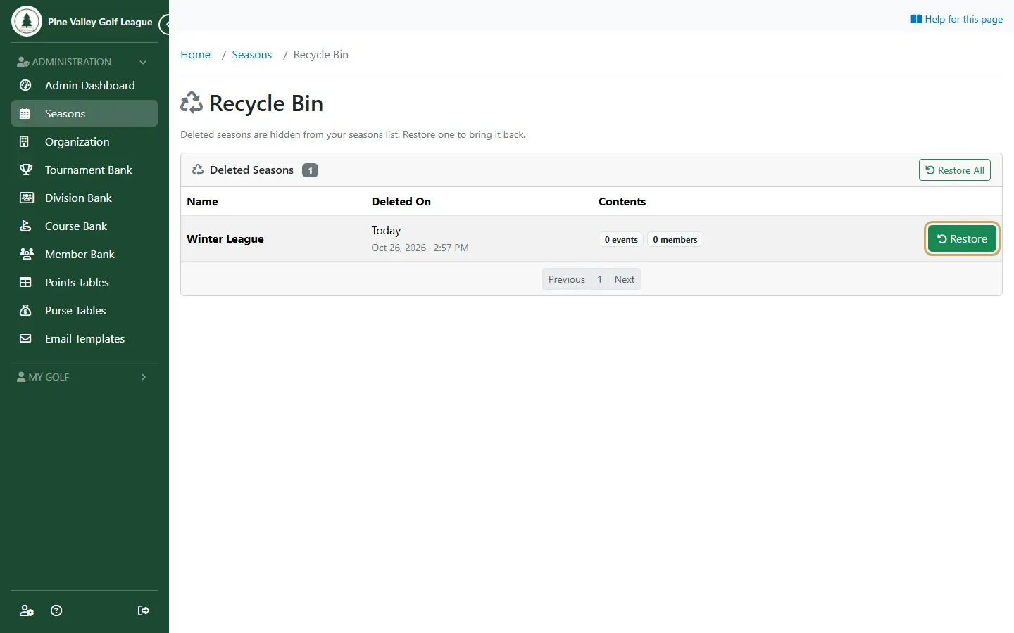 The seasons’ Recycle Bin listing Winter League with its Restore button highlighted