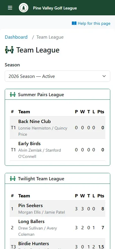 The Team League page on a phone: the standings with your team highlighted