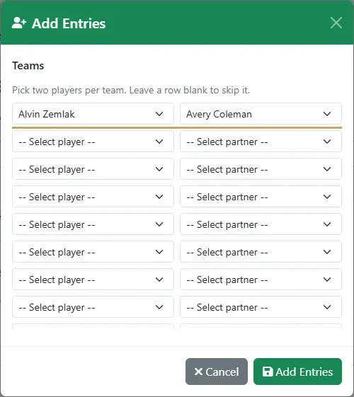 The team Add Entries dialog: a player and a partner chosen on the first row