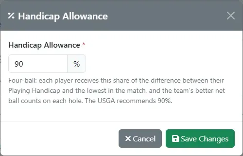 The Handicap Allowance dialog with the four-ball explanation