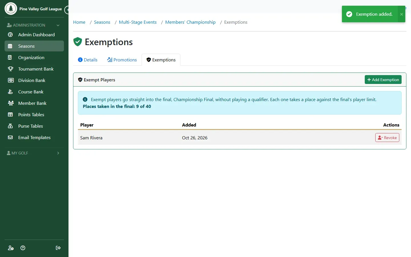 The Exemptions tab with one exempt player